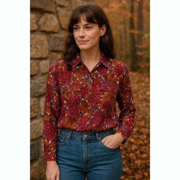 Abercrombie & Fitch Vintage Rayon Blouse Size 12 Floral Berry Print Fall Retro - Picture 1 of 11